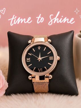 Women's Rose Gold Watch Black Dial Mesh Strap